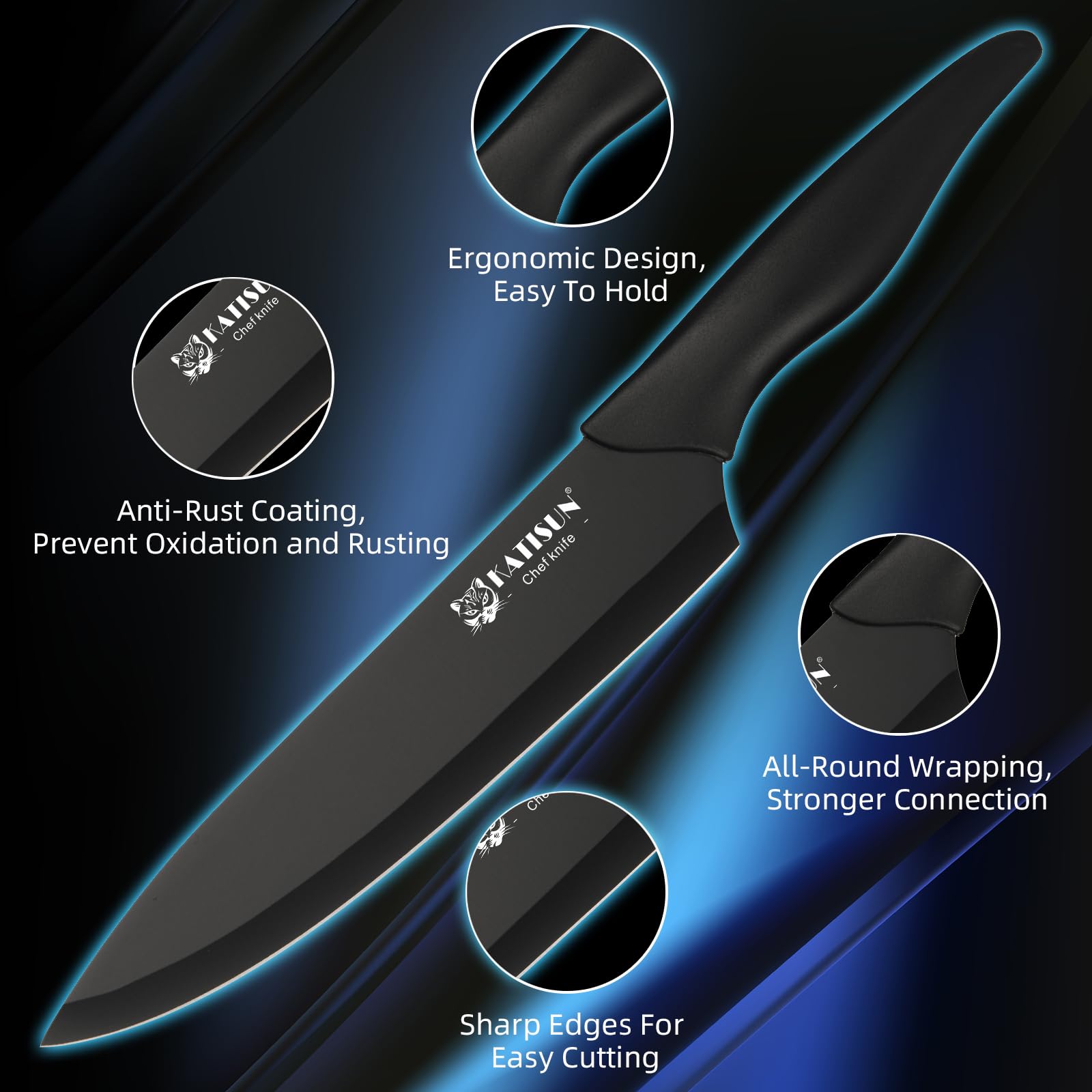 Dining View: Six matching steak knives from the premium German stainless steel knife set set on a dinner table.